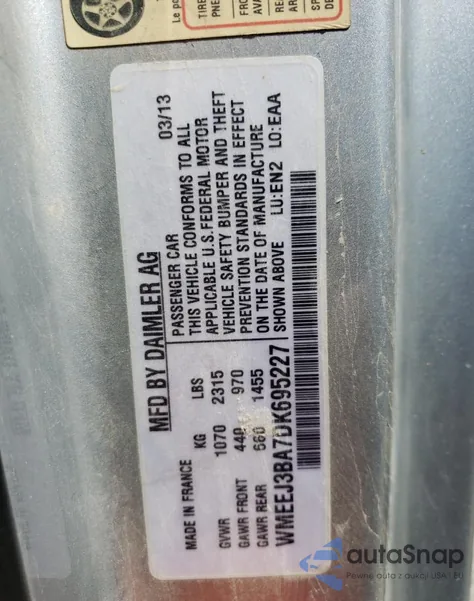 2013 Smart Fortwo Pure z USA, uszkodzony, nr VIN WMEEJ3BA7DK695227